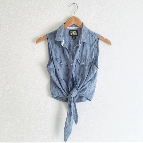 Tops - Chambray Blue Jean Button Down Tie Up Tank Top